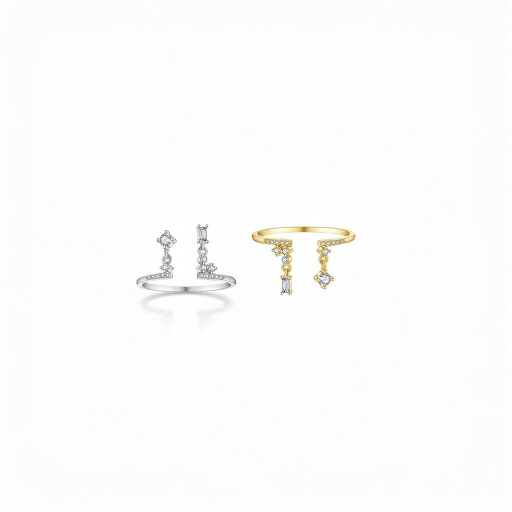 Open adjustable zircon drop ring in 925 sterling silver, shown in gold and silver finishes plateds