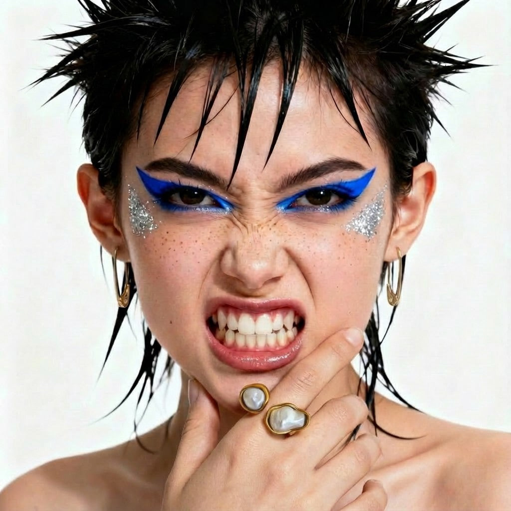 Model wearing a gold open ring with two irregular white pearls as a statement accent