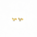Pair of gold heart cartilage stud earrings made from 18K gold-plated 925 silver – one plain polished heart and one pavé zircon heart on flat-back posts, suitable for helix, upper ear and lobe piercings.
