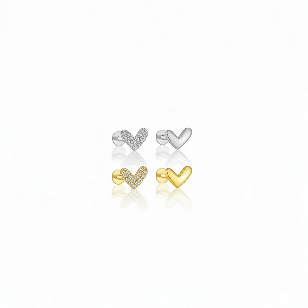 heart stud earrings in 925 sterling silver with zircon pavé, gold and silver versions on white background