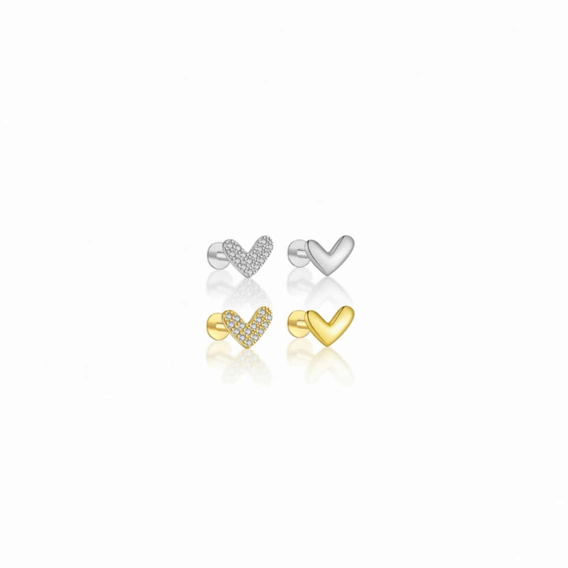 heart stud earrings in 925 sterling silver with zircon pavé, gold and silver versions on white background