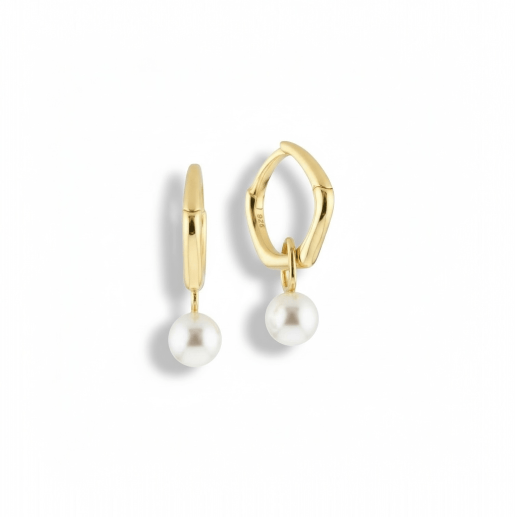Pearl Drop Hoop Earrings, pair on white background, freshwater pearl drop
