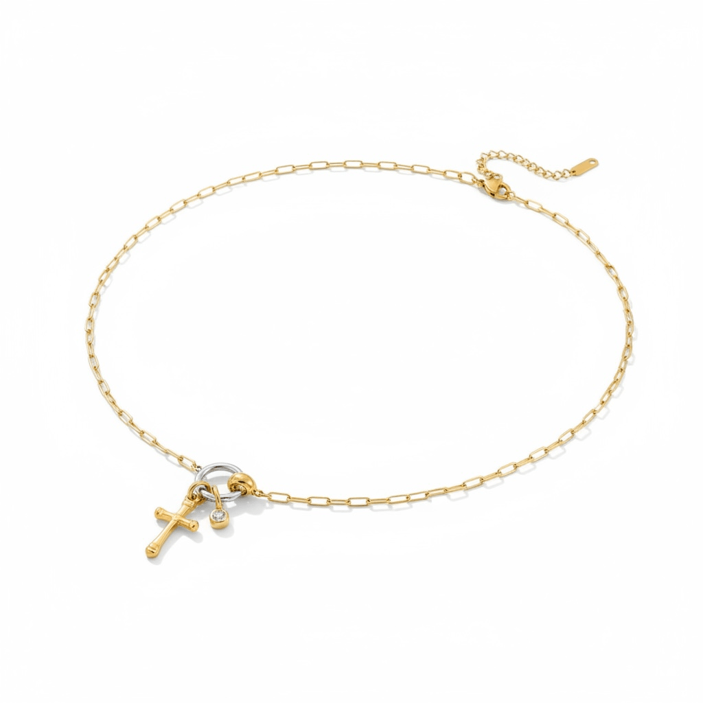 Cross Charm Link Necklace with Zircon in 18K Gold - Plated Steel - OMŌN