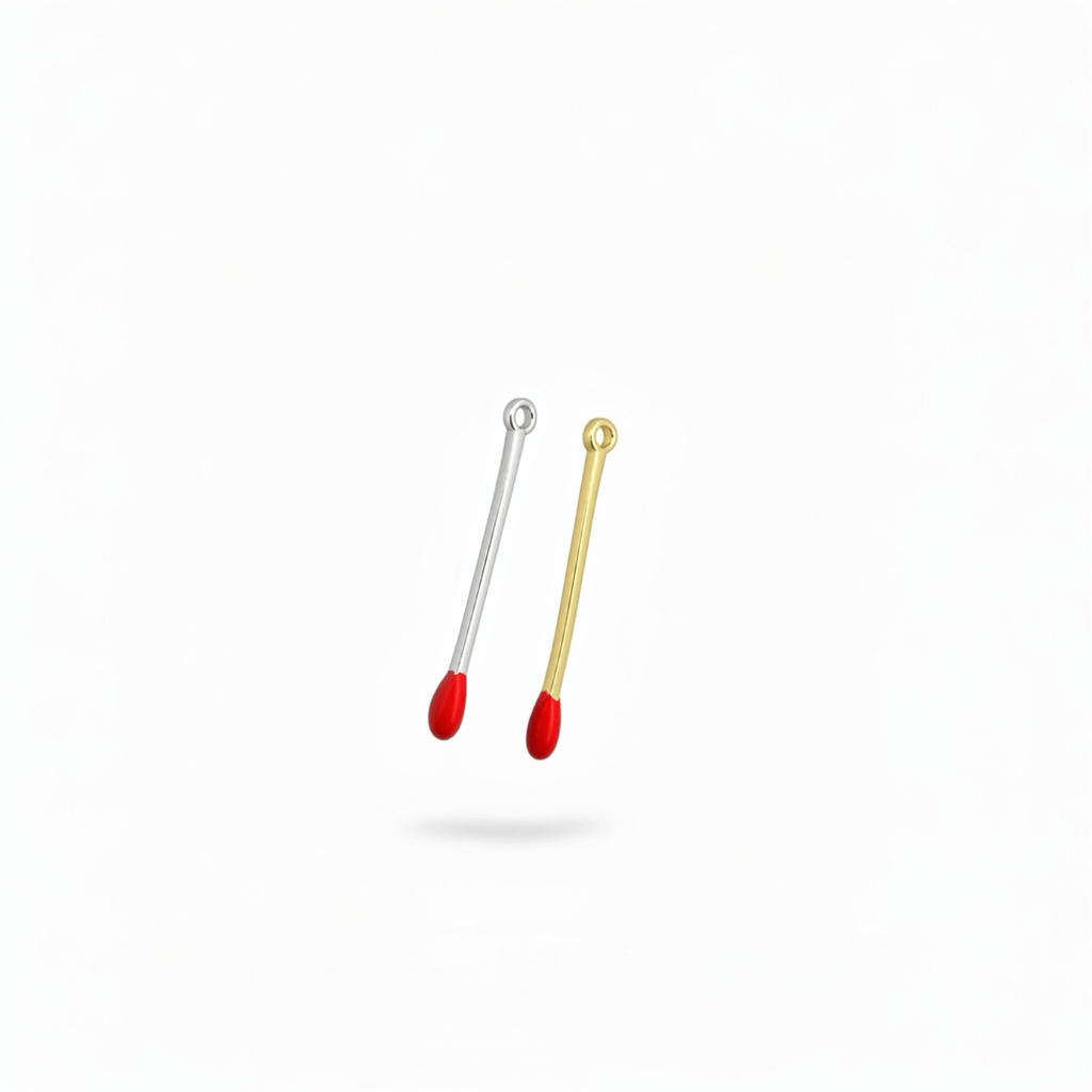 Flame matchstick charm pendant, red enamel tip front view