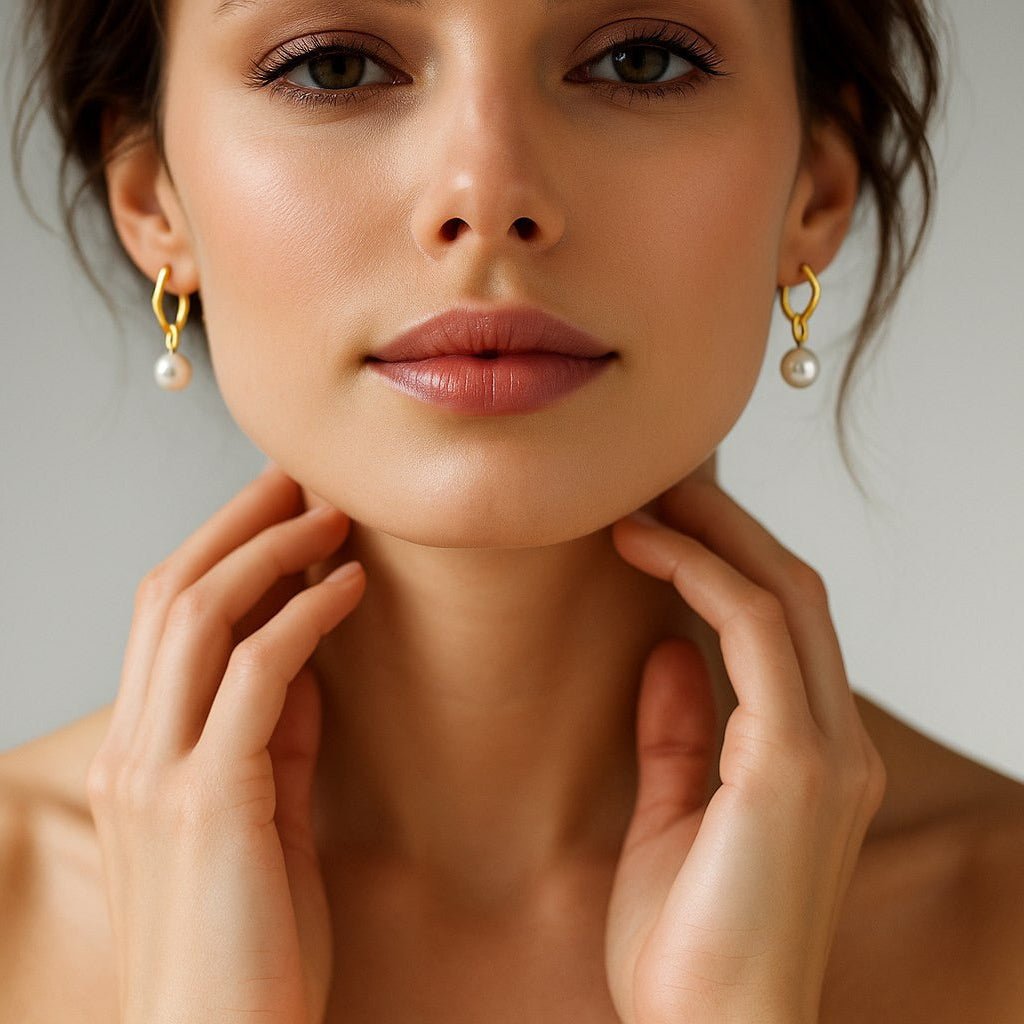 Freshwater Pearl Drop Stainless Steel Hoop Earrings 925 Silver, 18 Gold plated - OMON