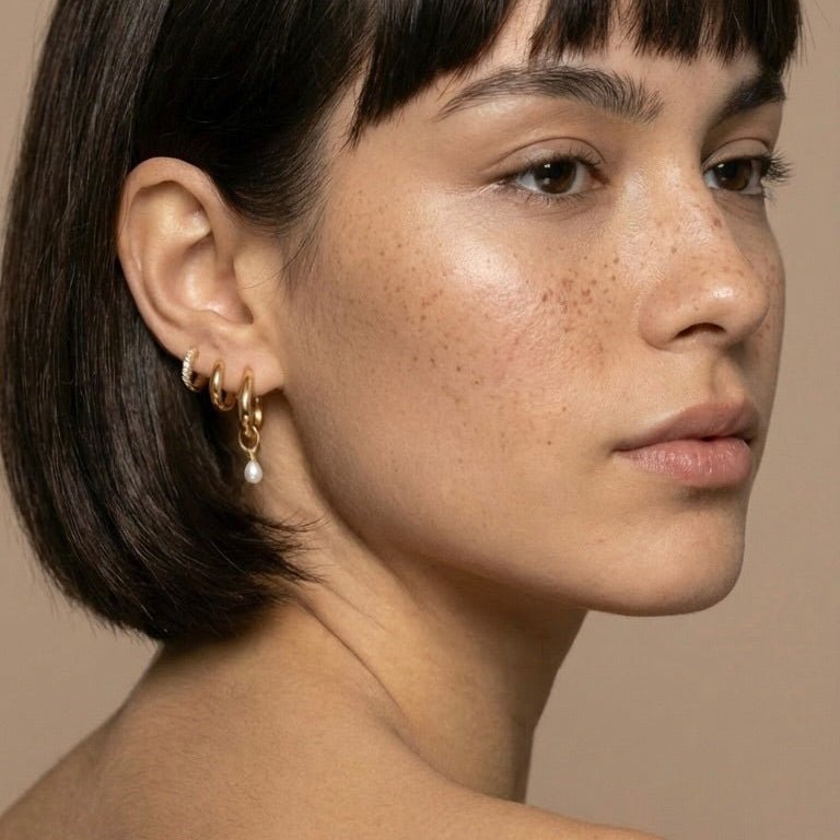 Gold Trio Zircon & Pearl Hoop Earring Set 18K Gold plated - OMON