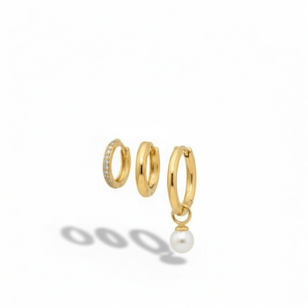 Gold Trio Zircon & Pearl Hoop Earring Set 18K Gold plated - OMON