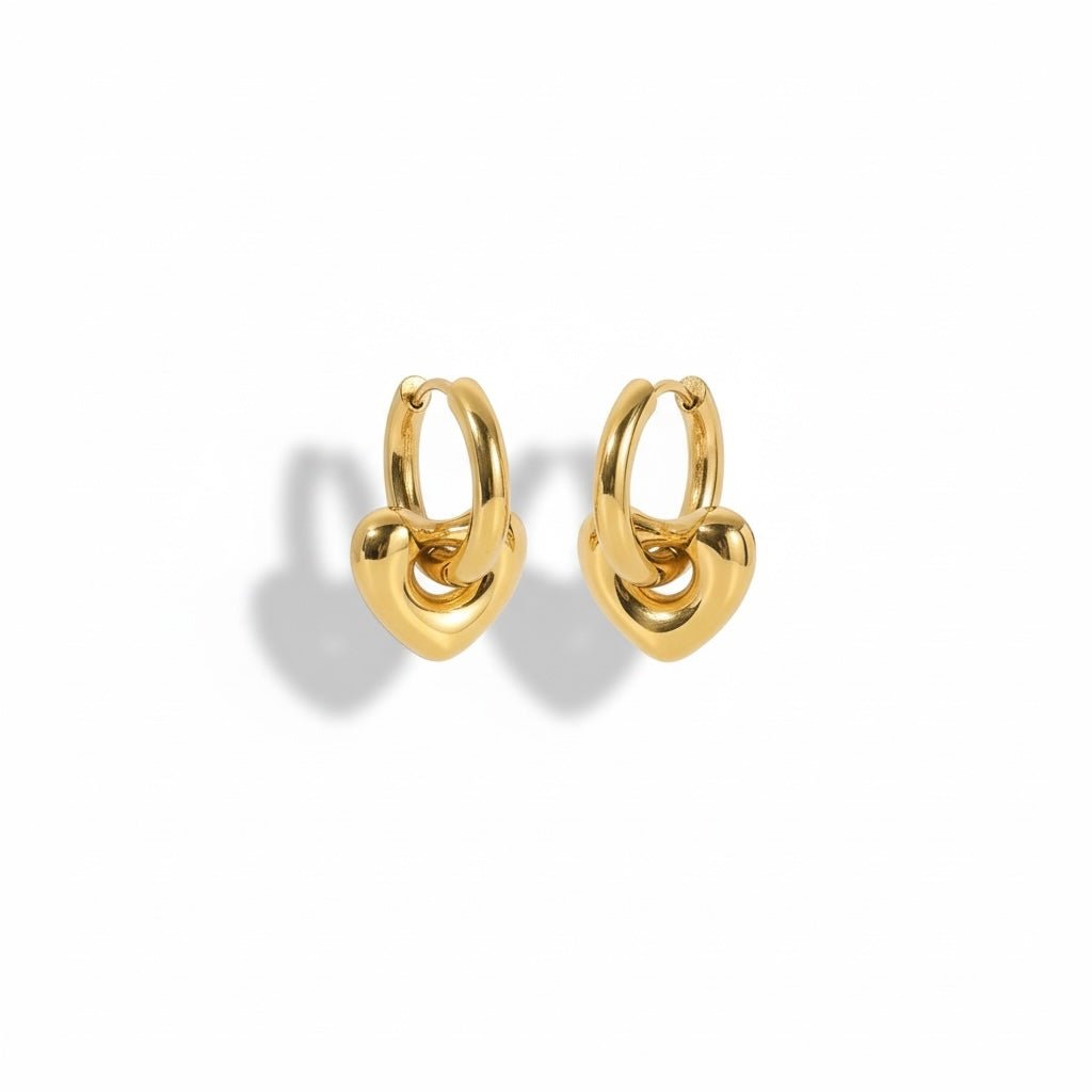 Heart Charm Hoop Earrings 14K Gold PVD Plated - OMON