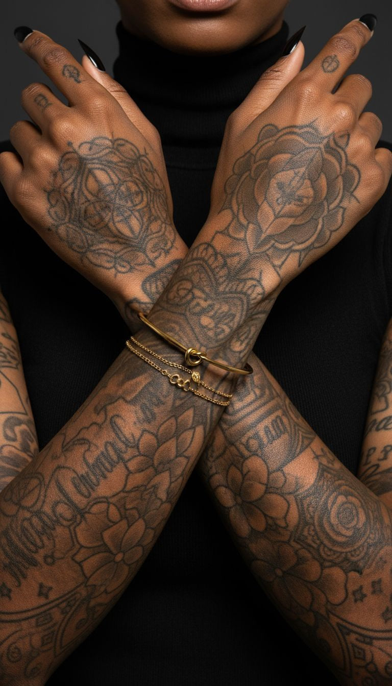 Model with crossed arms wearing a gold knot cuff bracelet on the wrist

Перевод: