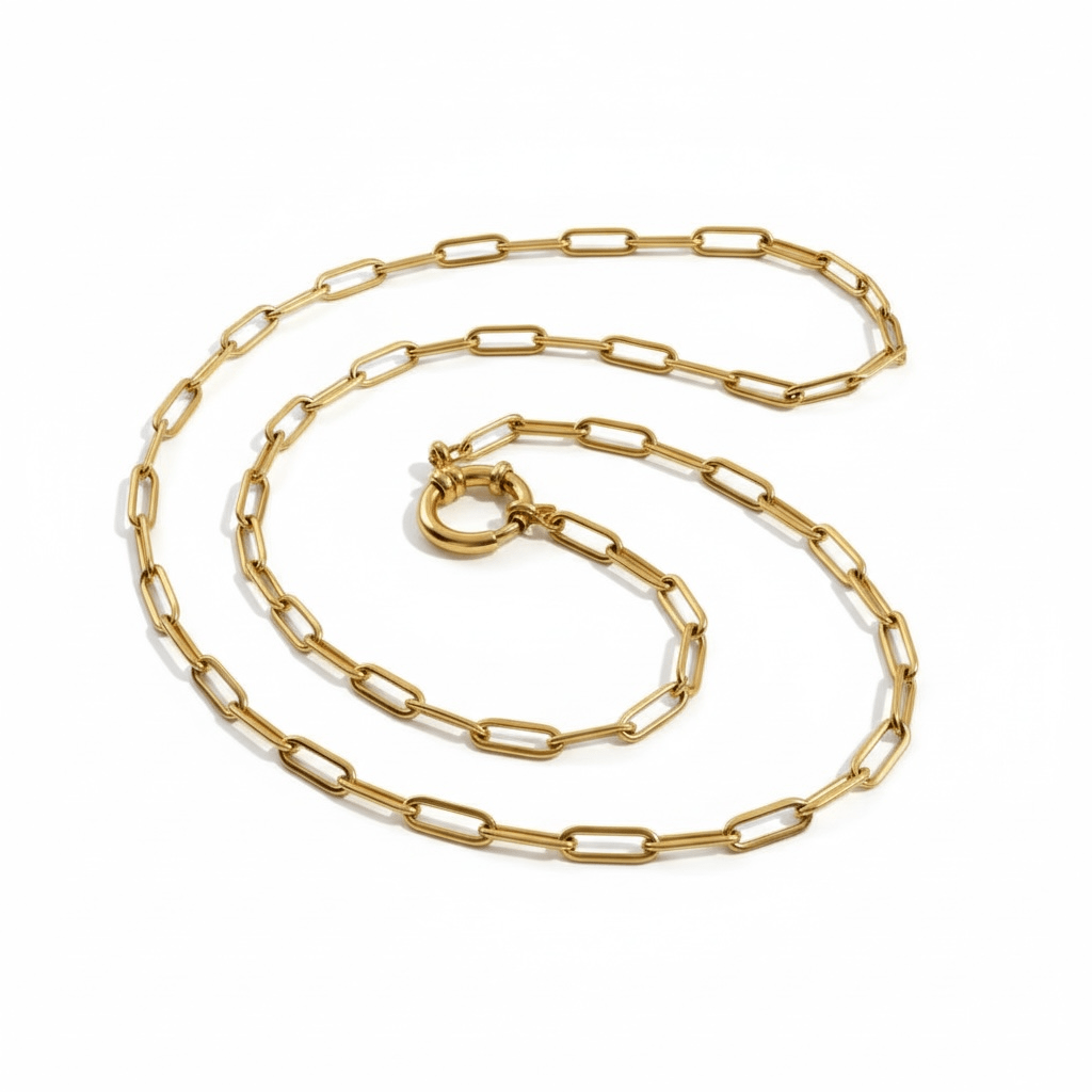 Link Chain Necklace 18K gold-plated stainless steel with modern O-ring clasp, ideal for everyday wear.