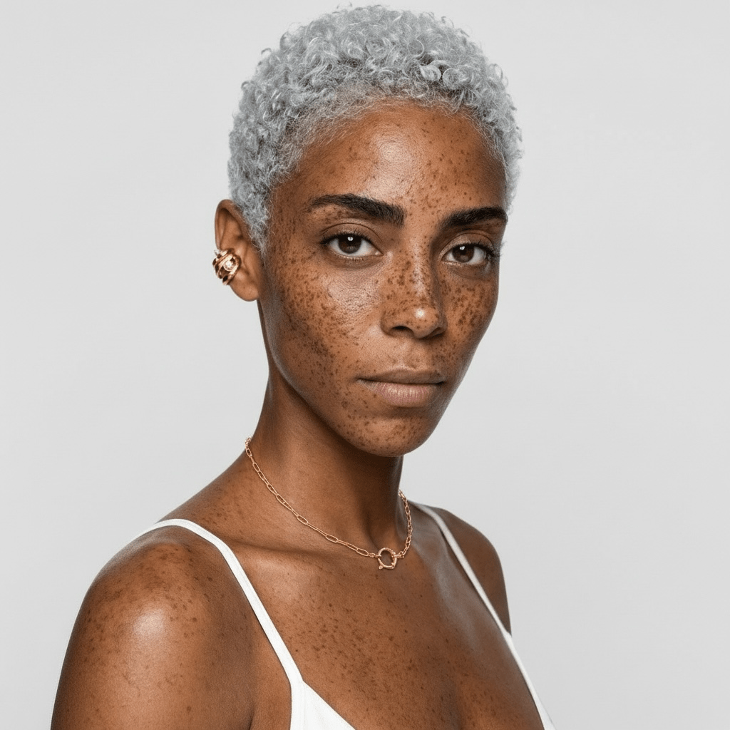 Link Chain Necklace worn by a model with short curly hair, showcasing its modern design and O-ring clasp.