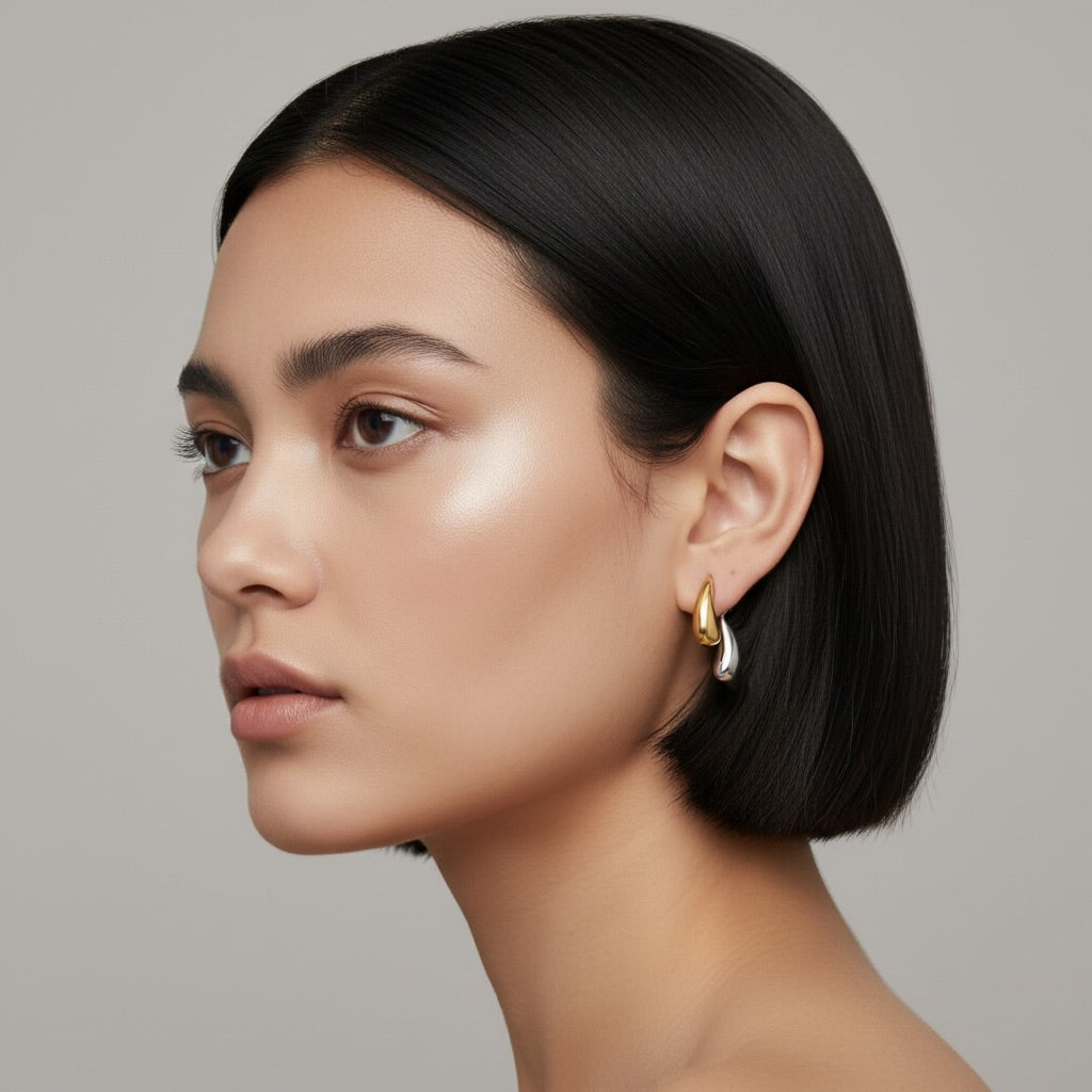 Model wearing two-tone sculptural drop earrings with gold and silver drops
