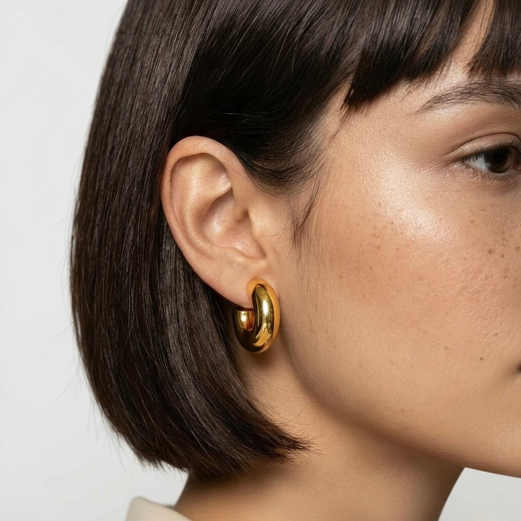 Close-up chunky hoop earrings in 18K PVD Gold Plated – OMON