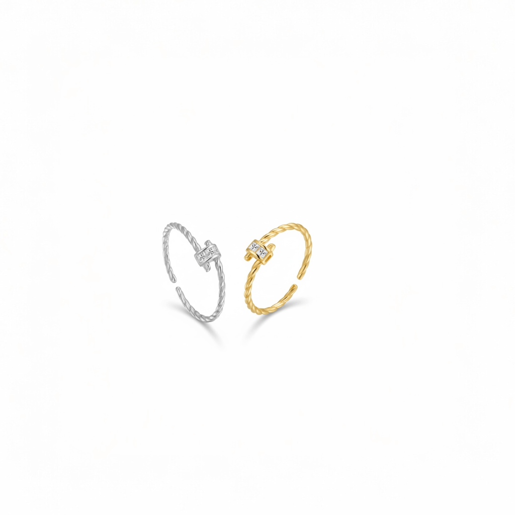 Twisted Rope CZ Ring in 925 silver on white background, adjustable open band with zircon detail