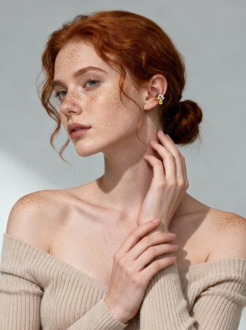 Two - Tone Ear Cuff Earrings 18K PVD Gold Silver on model