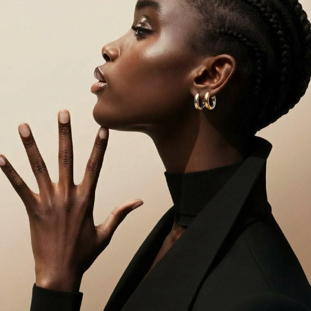 Model wearing two-tone gold and silver plated huggie hoop earrings – front view