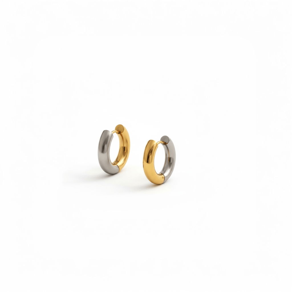 Two - Tone Stainless Steel Hoop Earrings 18K Gold and Silver Plated. minimalist stainless steel jewelry, 18K gold plated, hypoallergenic – OMON