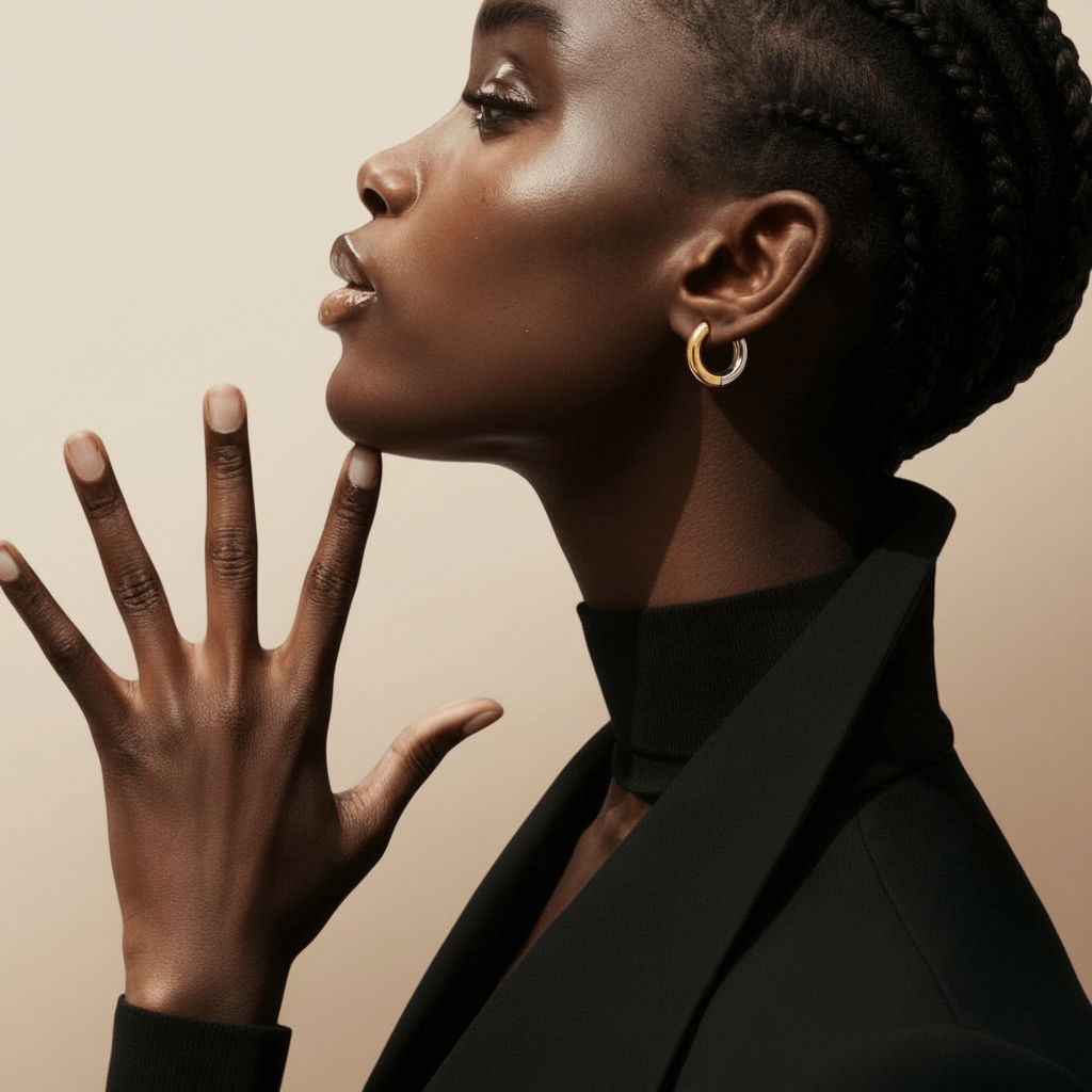 Two - Tone Stainless Steel Hoop Earrings 18K Gold and Silver Plated how it looks when worn, everyday minimalist style – OMON jewelry