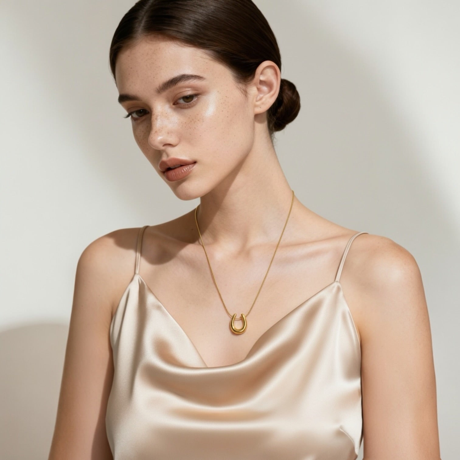 Minimalist two-tone stainless steel necklace on model